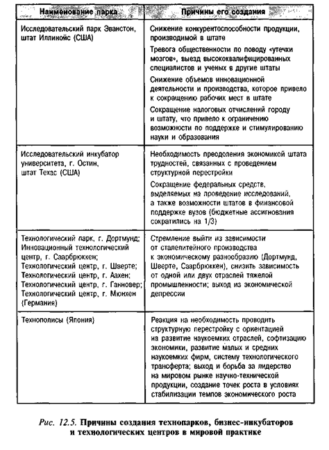 Причины создания технопарков, безнес-инкубаторов и технологических центров в мировой практике